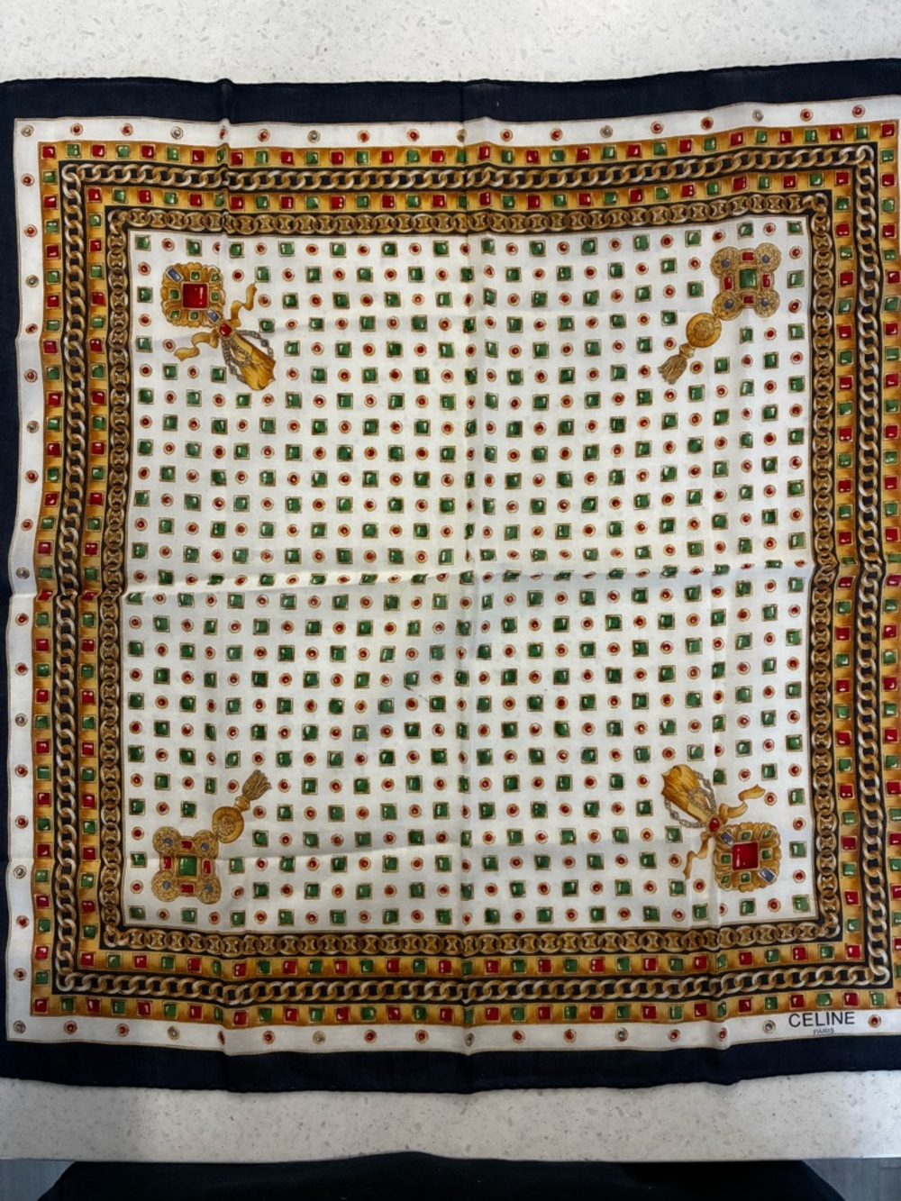 Celine White Silk Scarf with Gold Chain and Red & Green Jewel Motif